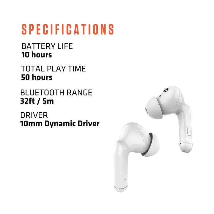 Wicked Audio Rangr True Wireless Earbuds – Bluetooth 5.0 Earphones with 50-Hour Playtime, Noise Isolation & USB-C Charging Case (White)