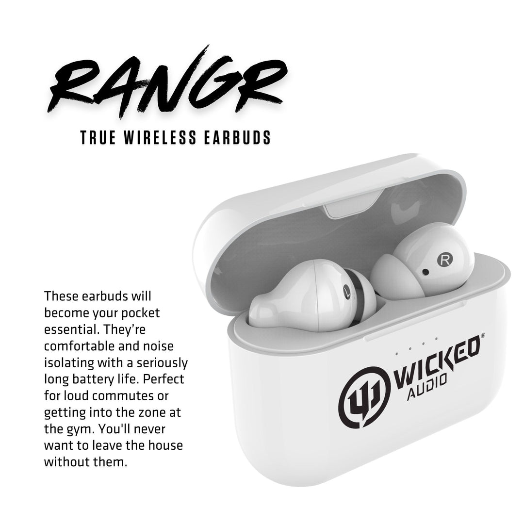 Wicked Audio Rangr True Wireless Earbuds – Bluetooth 5.0 Earphones with 50-Hour Playtime, Noise Isolation & USB-C Charging Case (White)