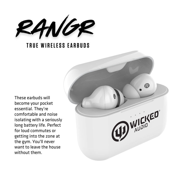Wicked Audio Rangr True Wireless Earbuds – Bluetooth 5.0 Earphones with 50-Hour Playtime, Noise Isolation & USB-C Charging Case (White)