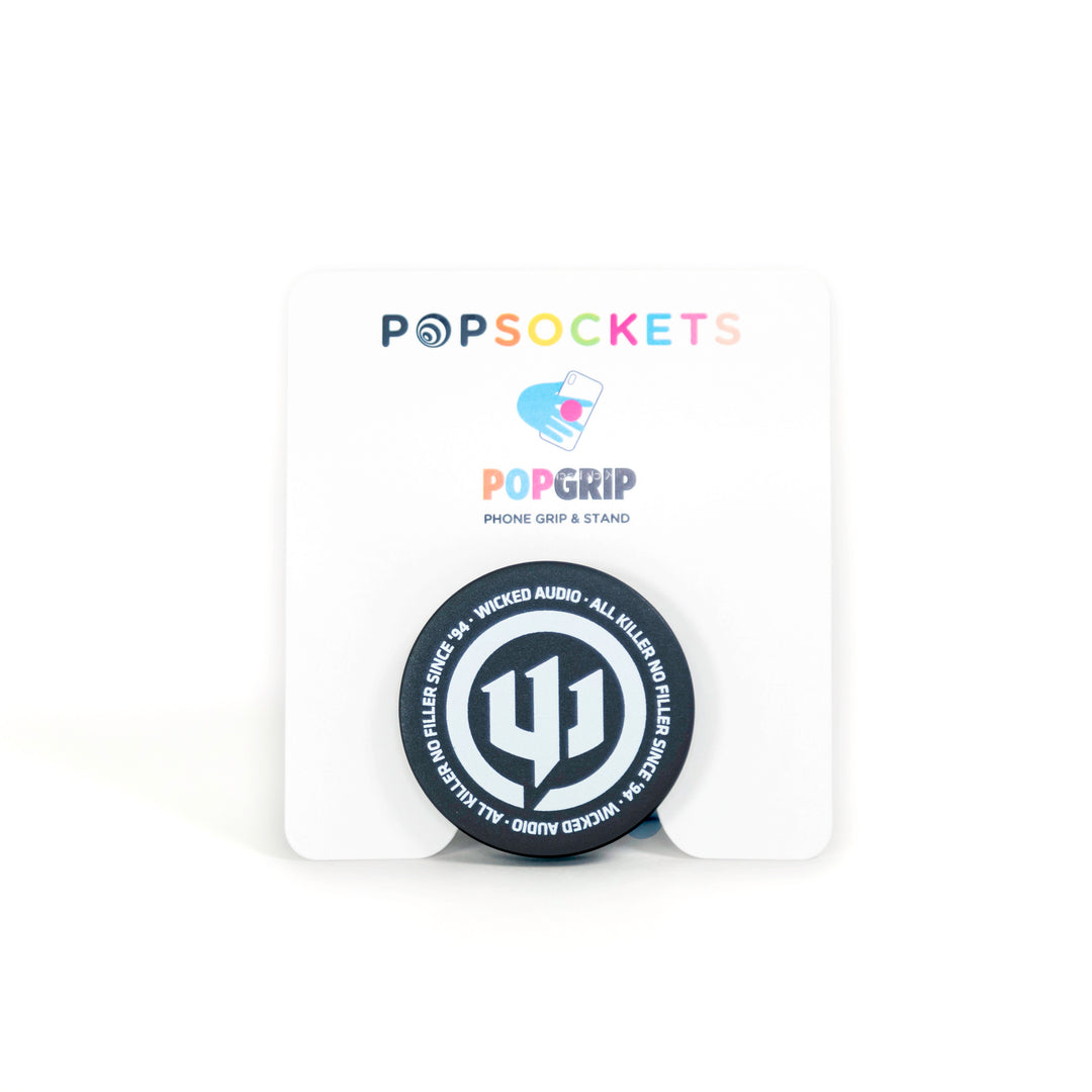 Black PopSocket with White Logo shown on simple paper packaging.